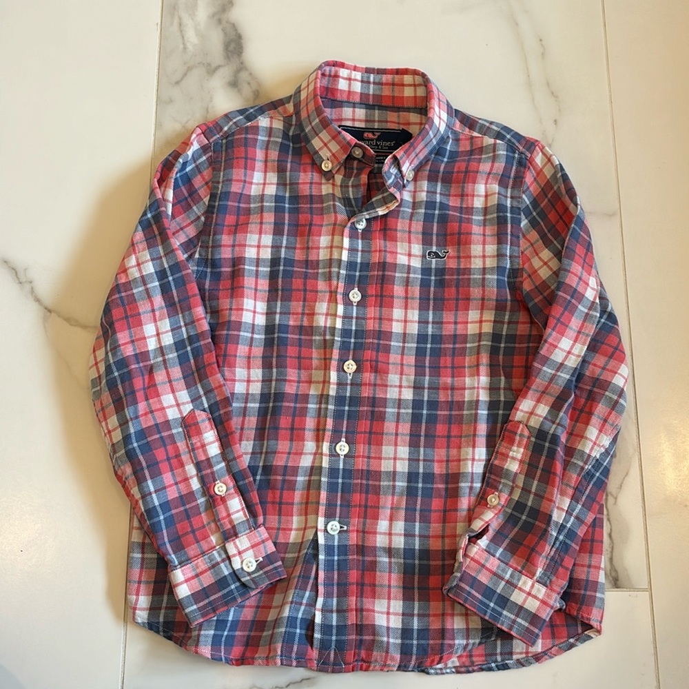 Vineyard Vines Boy Pink/Blue Plaid Button Down Size 5